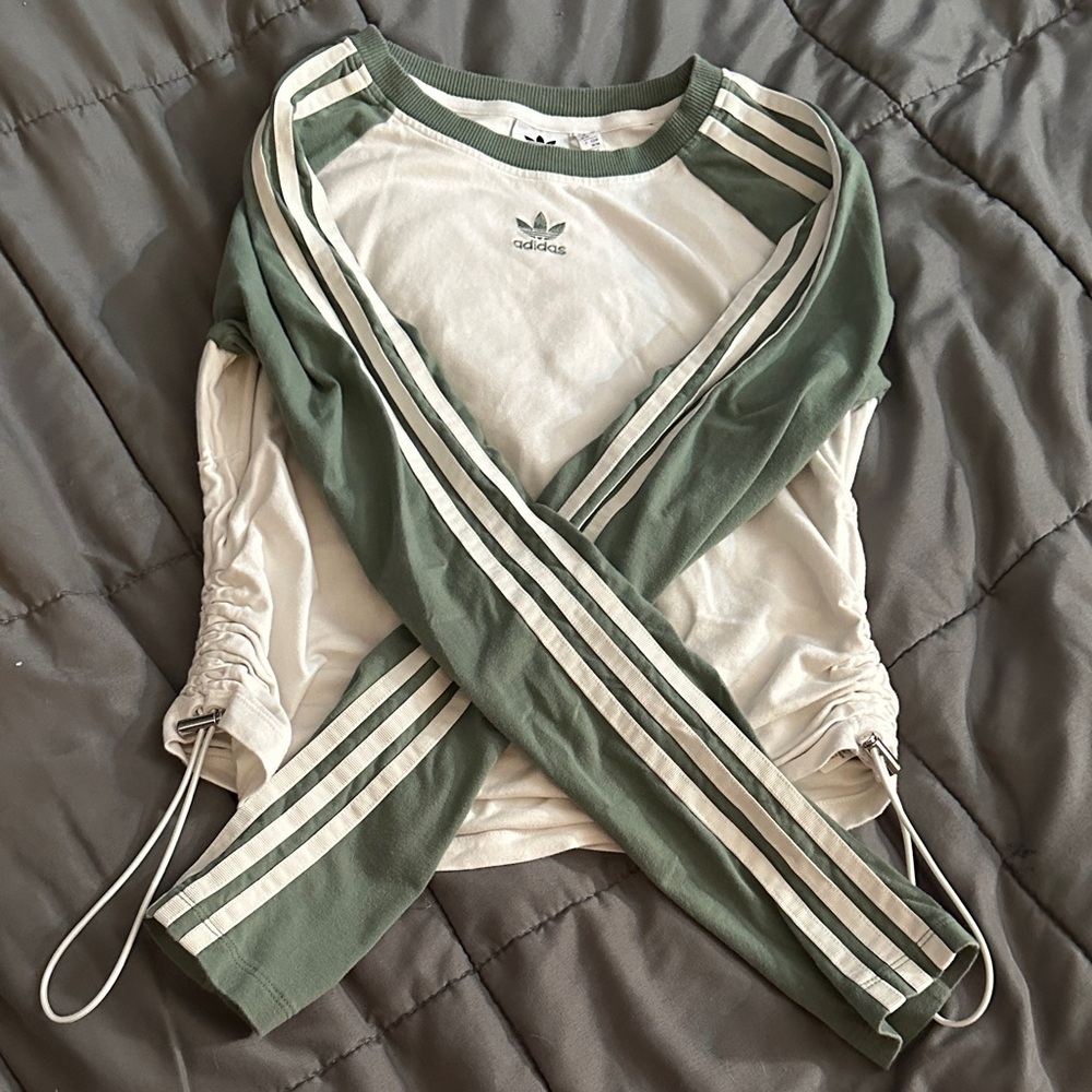 Adidas Green and White Striped Long Sleeve Shirt